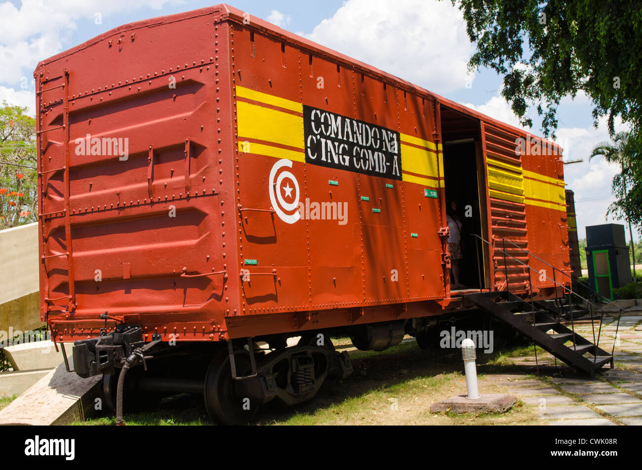 Treno boxcar presso il rivoluzionario Monumento a la Toma del Tren Blindado (Treno Blindato monumento), Santa Clara, Cuba. Foto Stock