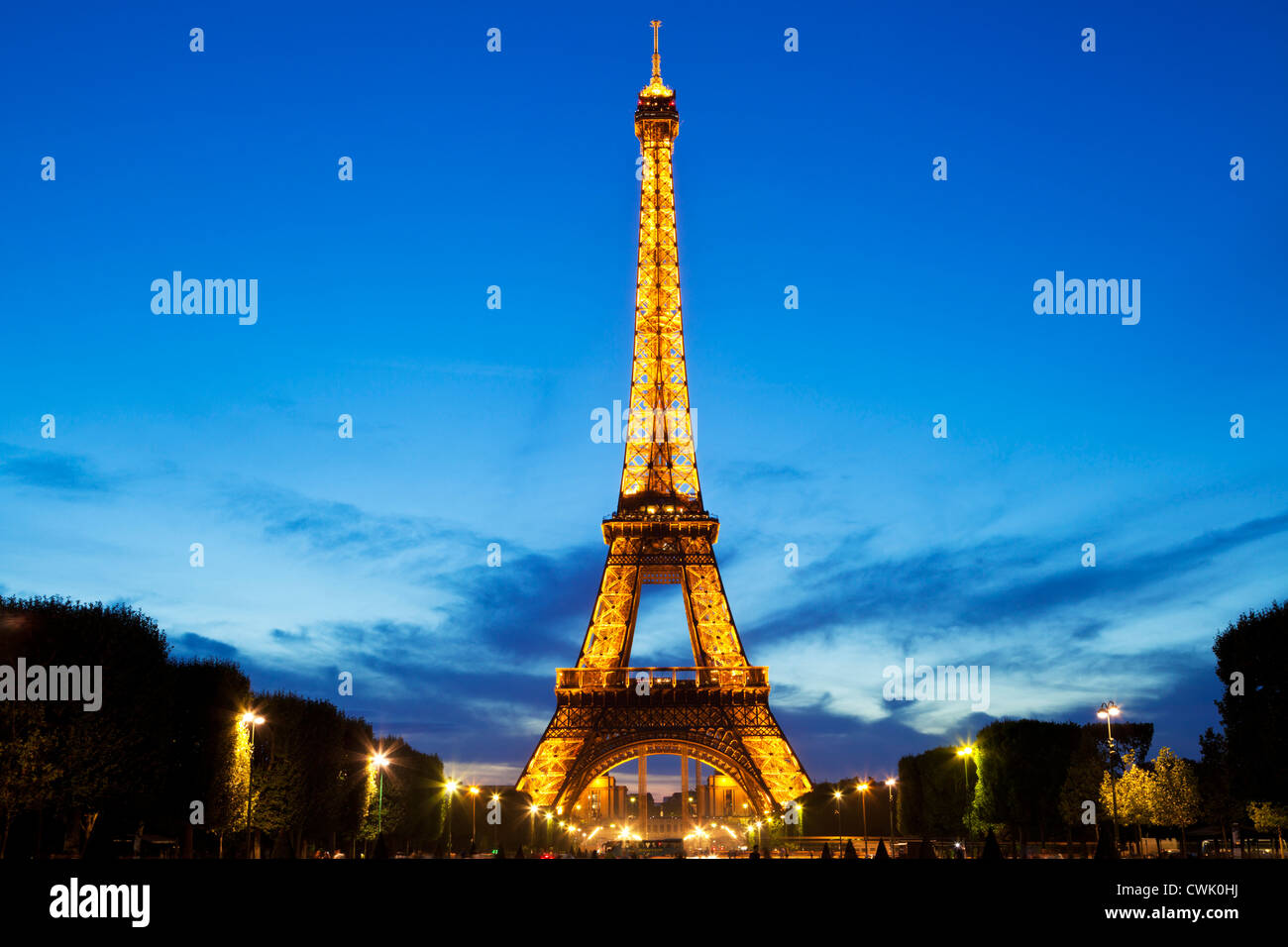 Parigi torre Eiffel illuminata di notte da Champs de Mars gardens Francia EU Europe Foto Stock