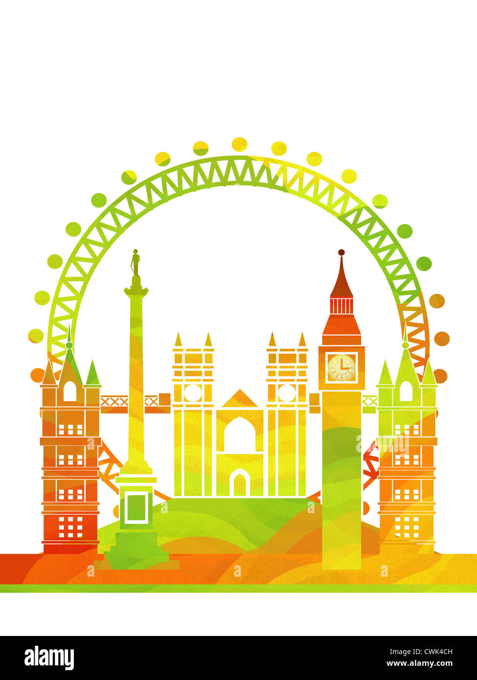 Illustrazione di stilizzata colorato iconica della Londra attrazioni (tagliati pronta la versione). Foto Stock