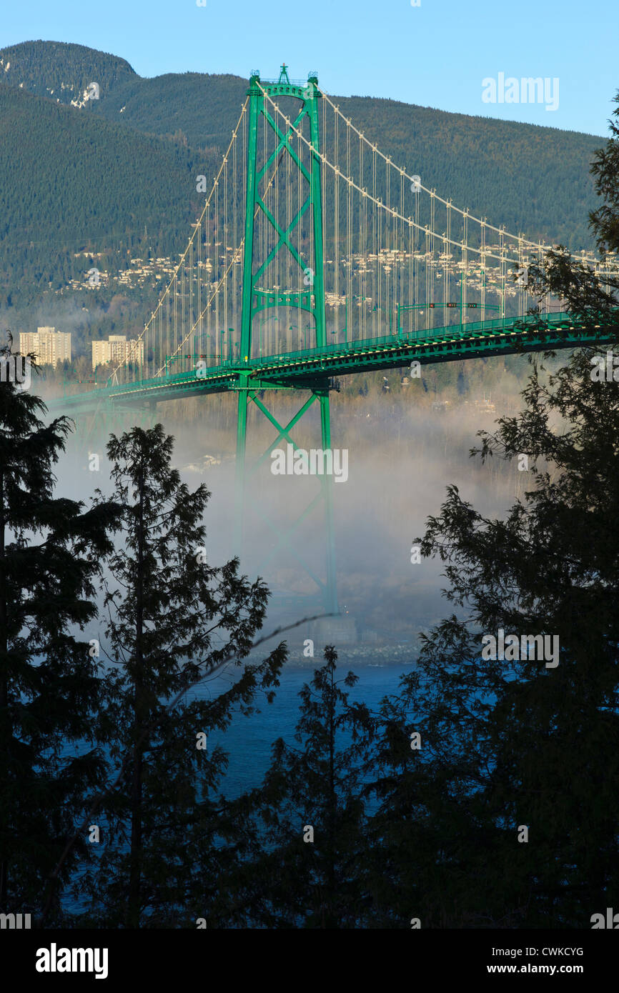 Canada, British Columbia, Vancouver, Stanley Park, parte della Porta del Leone ponte con strato marino nebbia in laminazione Foto Stock