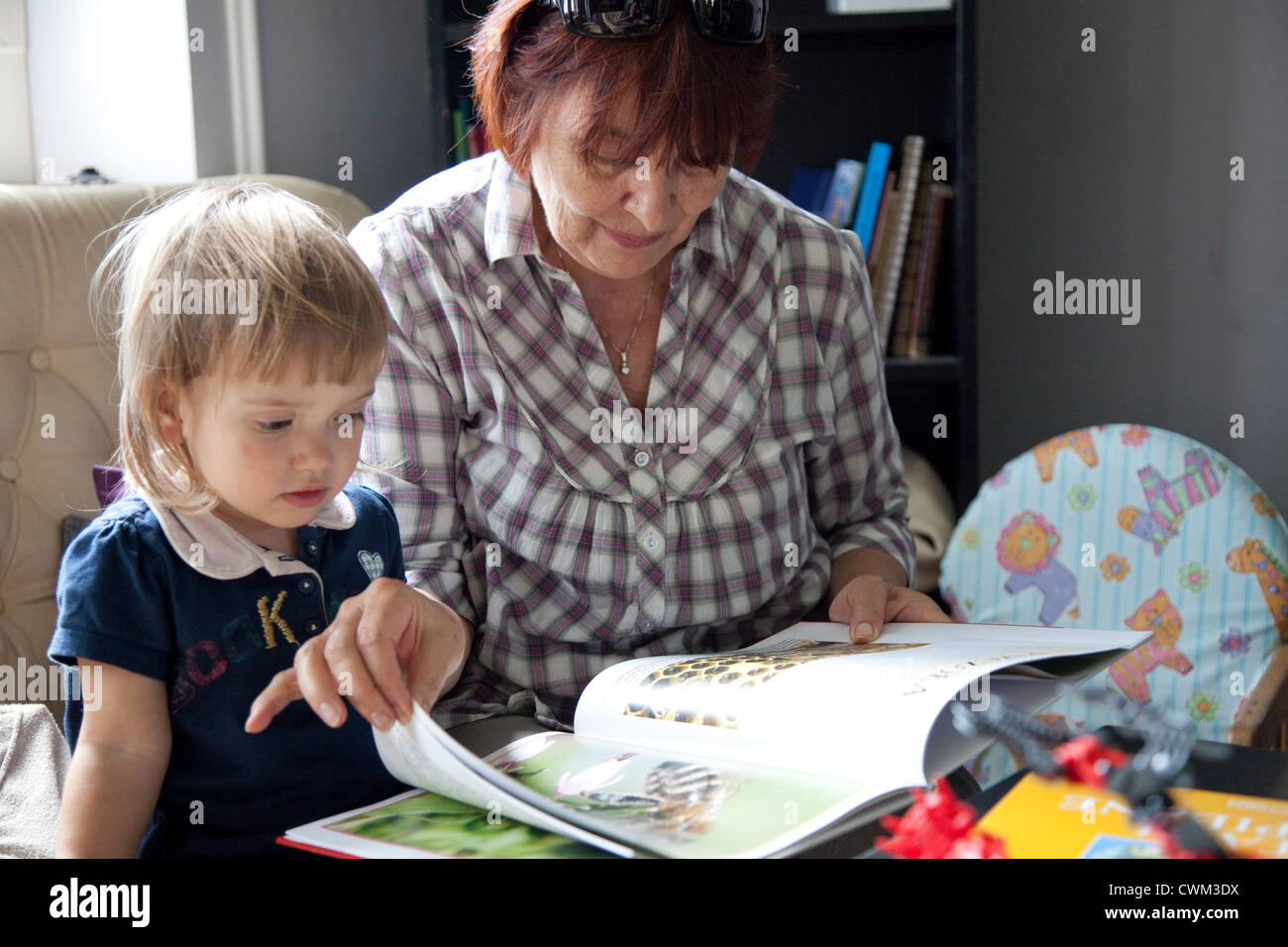 Il polacco nonna (babcia) lettura a suo nipote di giovane età di 63 e 2. Zawady Polonia centrale Foto Stock