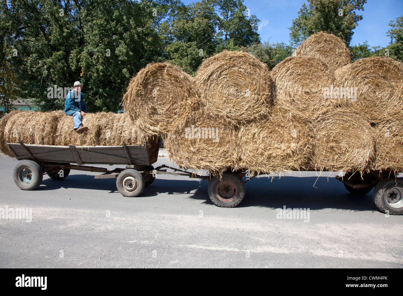 Uomo a cavallo sul carro trasporta un carico di balle di fieno al mercato. Rzeczyca Polonia centrale Foto Stock