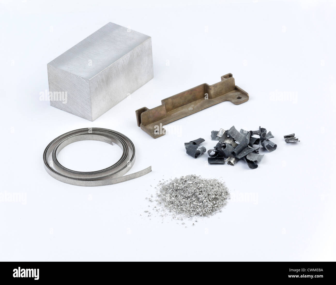 Il magnesio metallico in varie forme, nastro, blocco lavorato, polvere, trucioli e staffa pressofusa Foto Stock