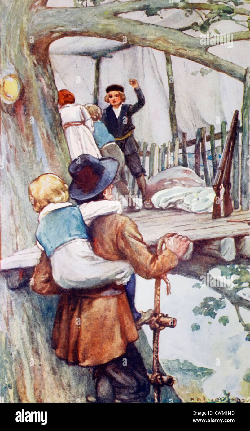 La famiglia svizzera Robinson. Padre Robinson che trasportano giovane Franz fino una scaletta di corda per il treehouse. Foto Stock