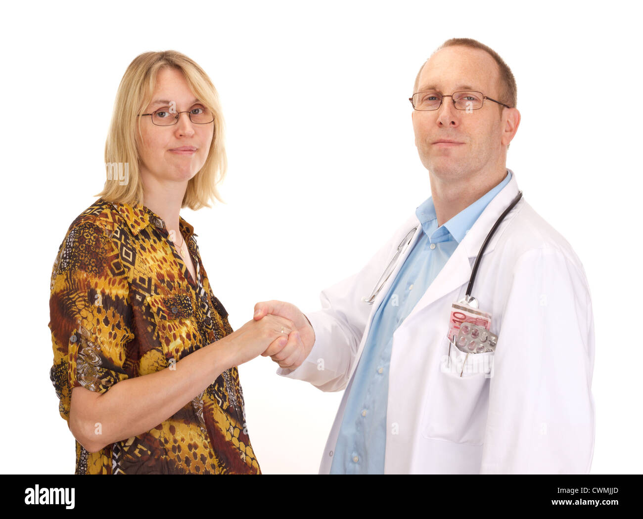 Medico e paziente lo handshaking Foto Stock