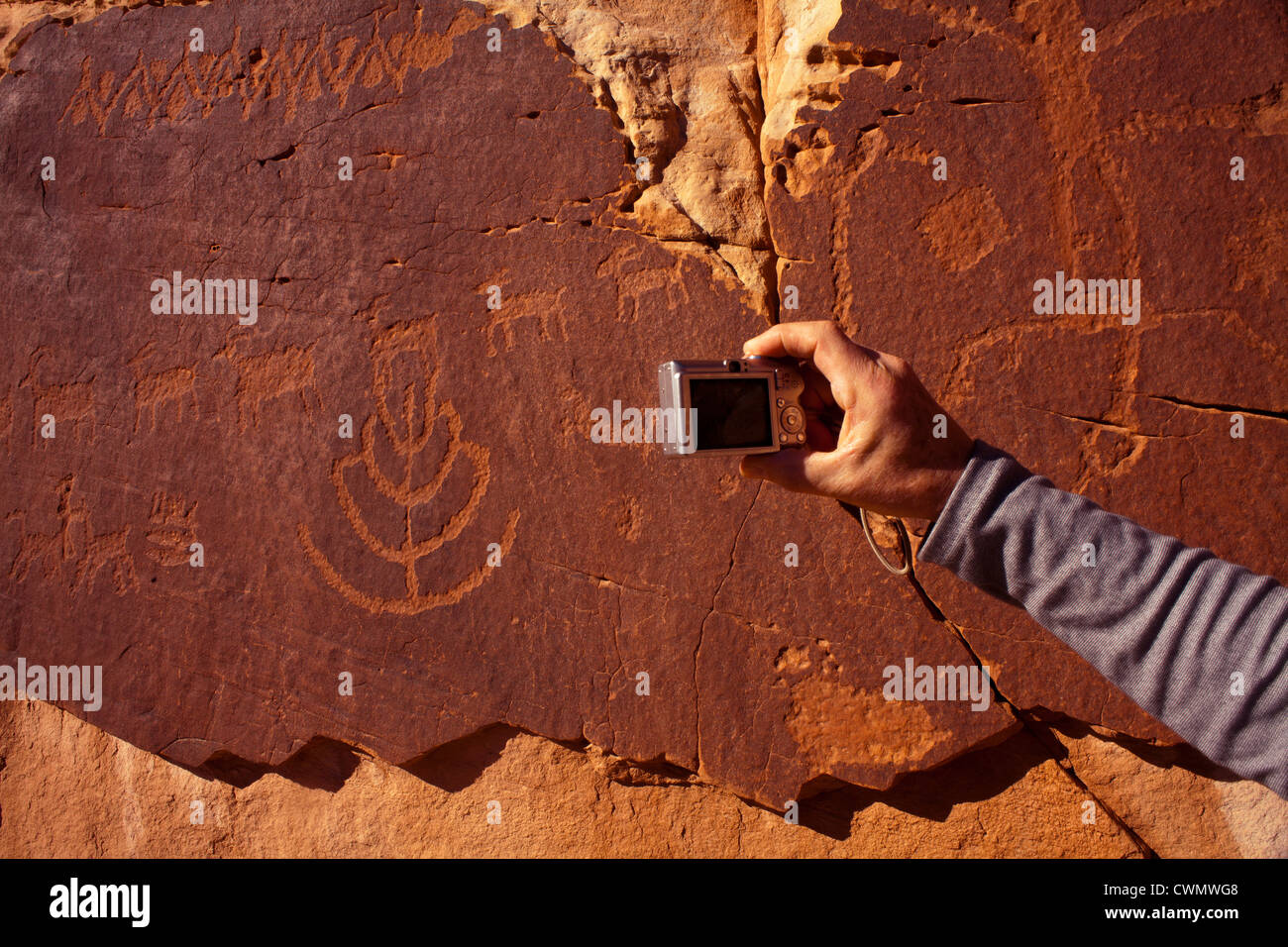 Stati Uniti d'America, Utah, arte Nativa Americana sul muro di pietra Foto Stock