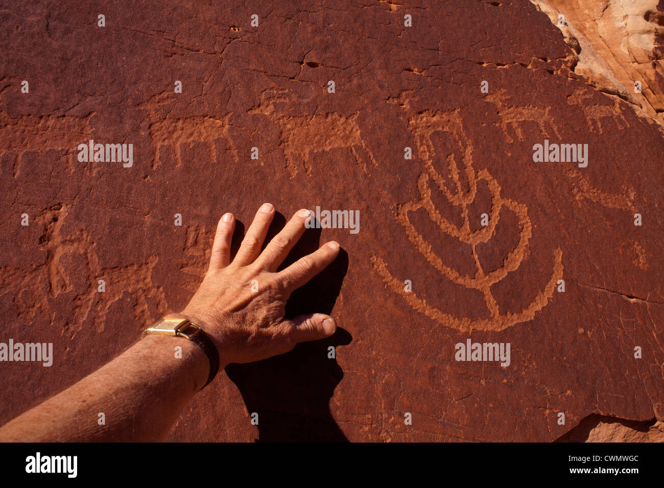 Stati Uniti d'America, Utah, arte Nativa Americana sul muro di pietra Foto Stock