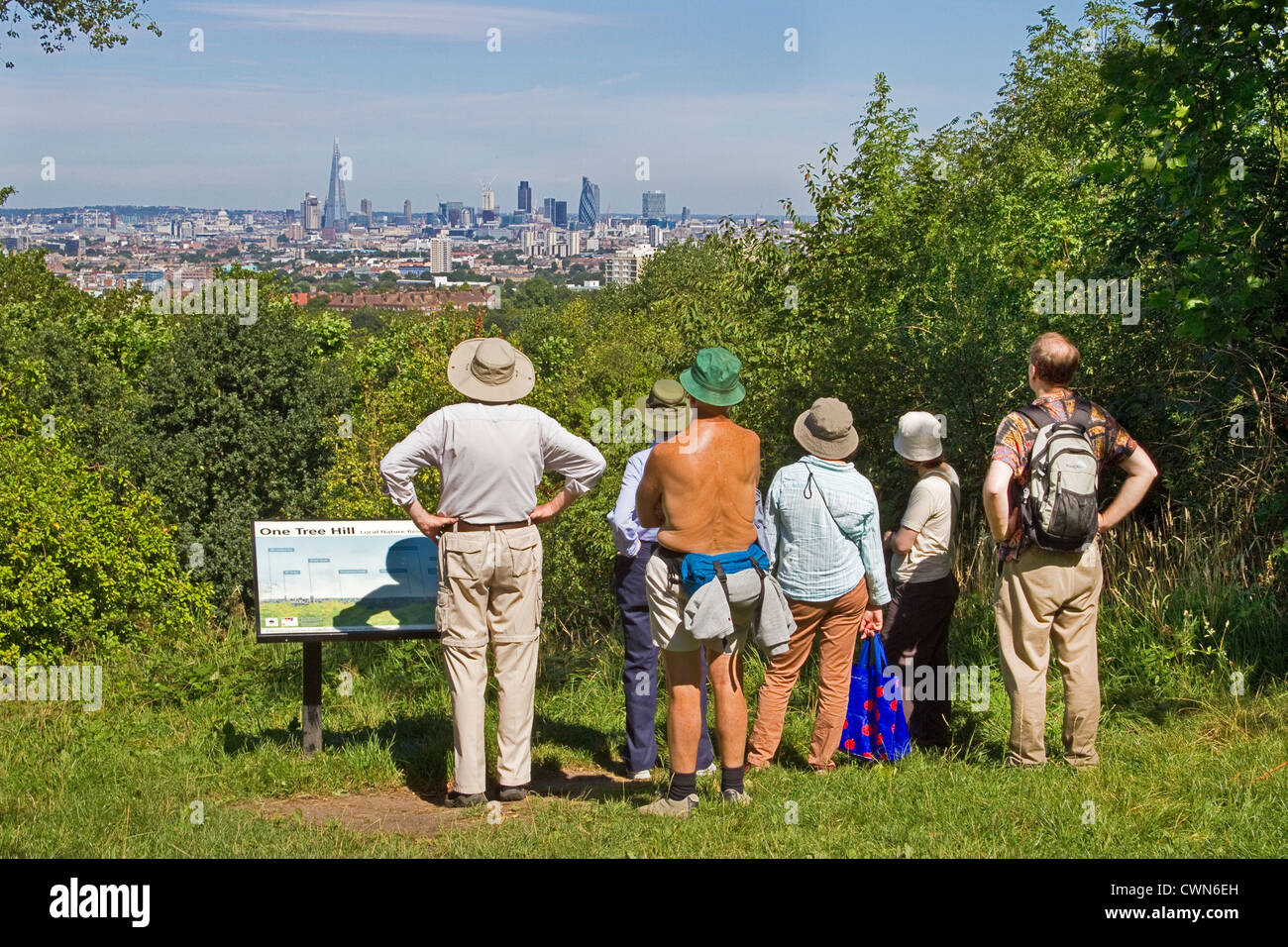 Londra, Onore Oak guardando lo skyline della città da One Tree Hill Foto Stock