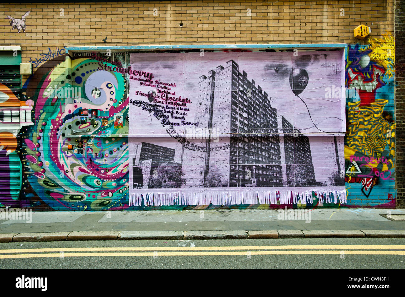 I graffiti sulla parete da cortine Road, Regno Unito Foto Stock