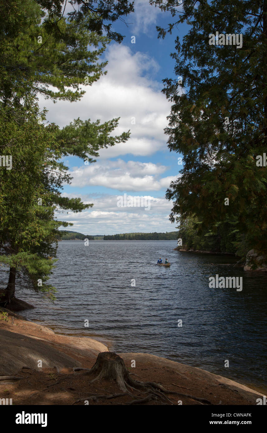 Algonquin Provincial Park, Ontario Canada - una canoa su bruciò isola del lago. Foto Stock