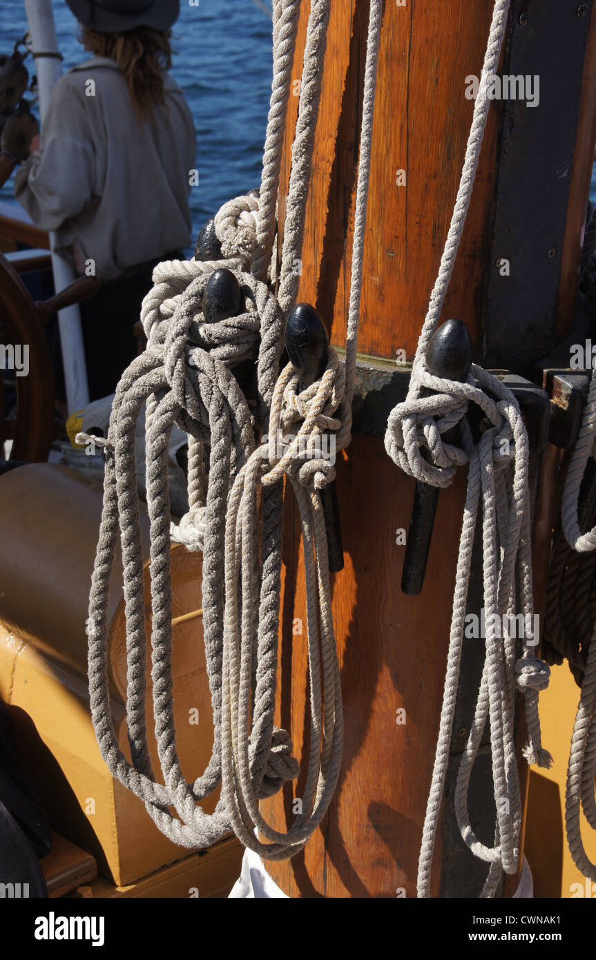 Linee di vela belayed sul montante di Tall Ship nei pressi di Kirkland, Washington Foto Stock