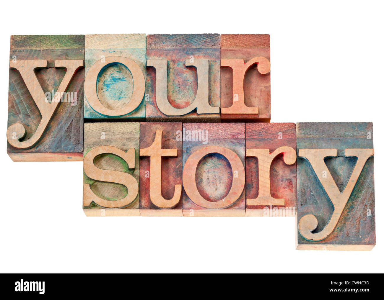 La tua storia - parole isolate in rilievografia vintage tipo di legno colorati da inchiostri a colori Foto Stock