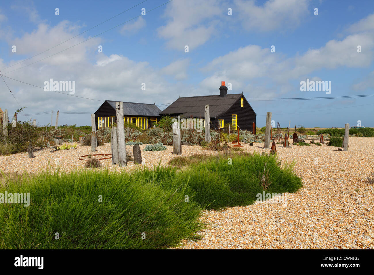 Prospettiva Cottage, Dungeness, casa del tardo Derek Jarman artista e regista cinematografico, Kent, Inghilterra, Regno Unito, GB Foto Stock