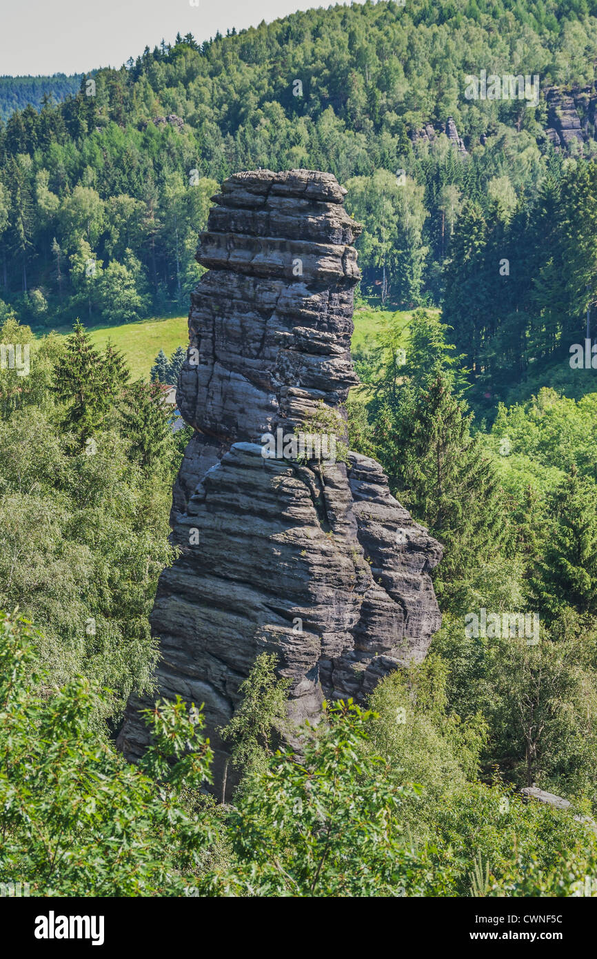 Rock Torre Pendente, Schiefer Turm, nei pressi di Dresda, Rosenthal Bielatal, Svizzera Sassone, Bassa Sassonia, Germania Foto Stock