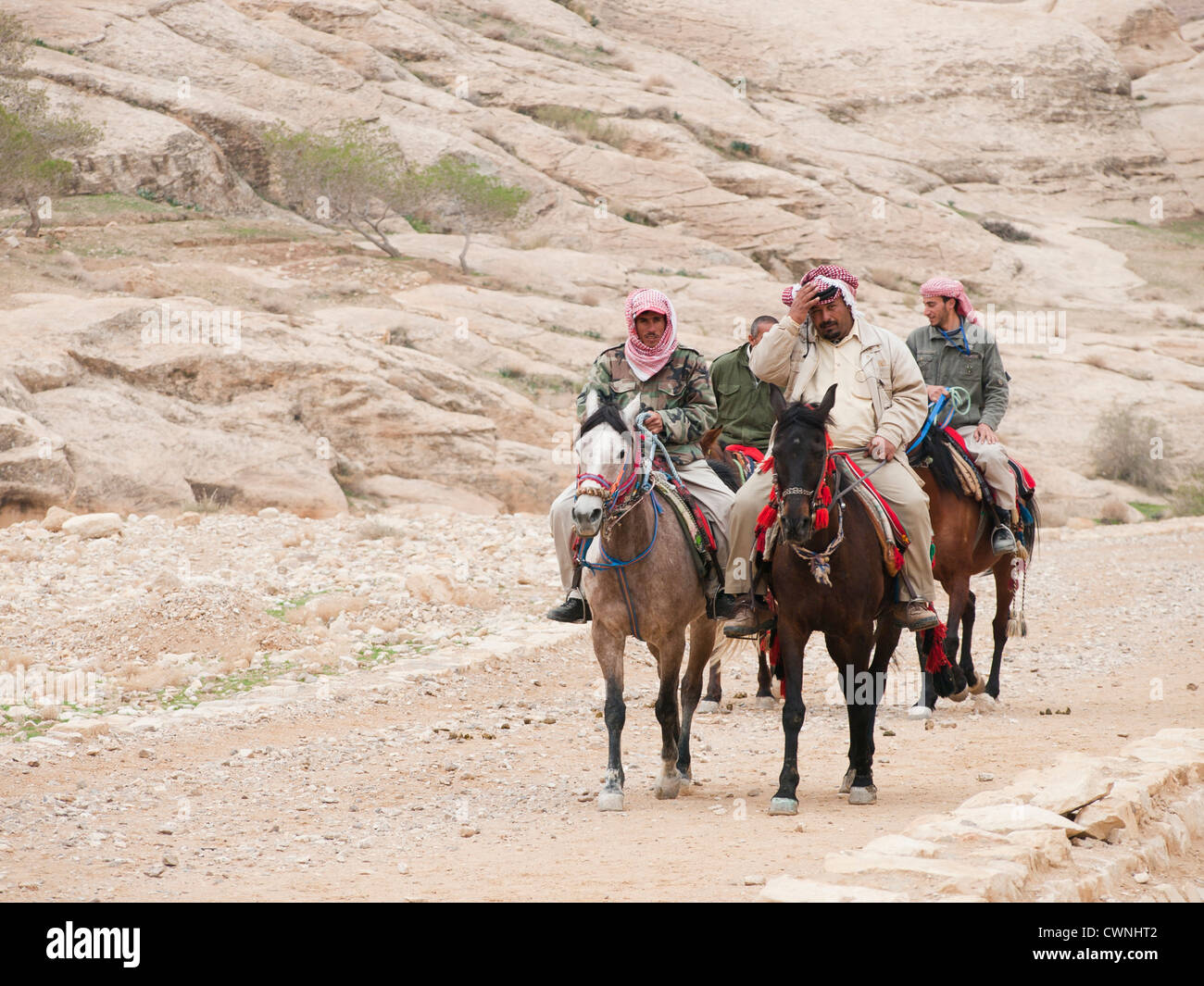 Petra e storico sito archeologico in Giordania è una vasta area ed è possibile il noleggio di trasporto come questi cavalli, qui con i proprietari Foto Stock