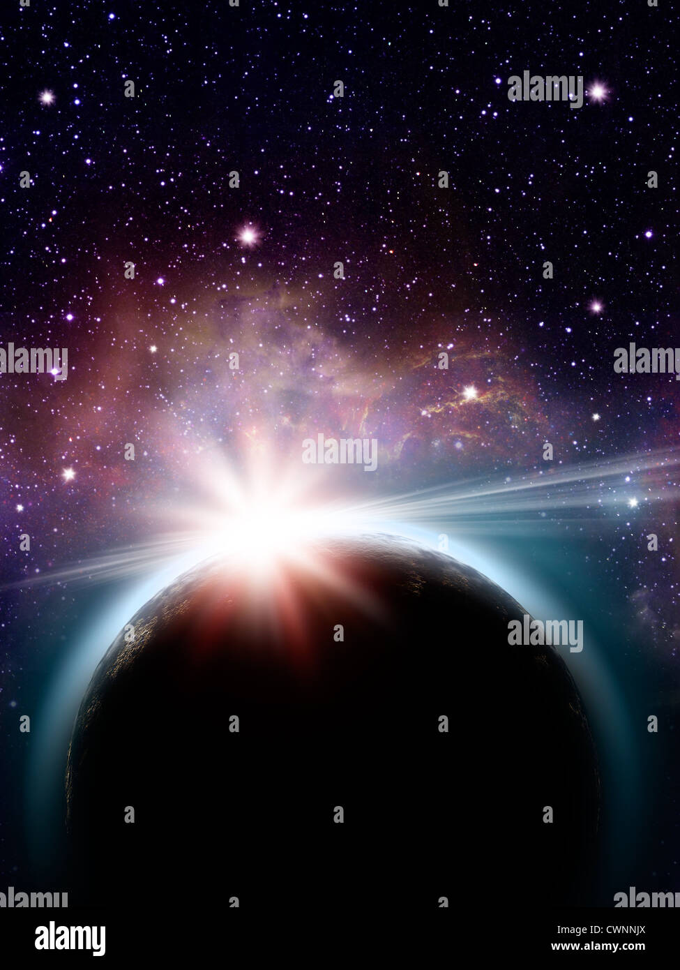 Rising Sun sotto il pianeta Terra, sfondi astratti Foto Stock