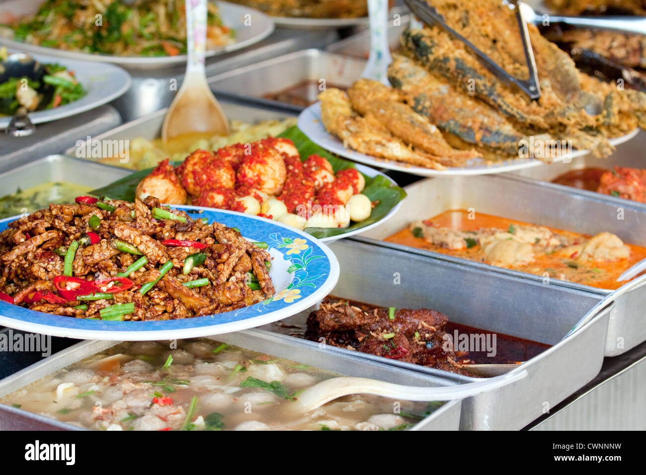 Vasta gamma e la selezione del malaysian street food sul display a un cibo all'aperto in stallo a Kuala Lumpur. piatti colorati e self service in stile buffet Foto Stock