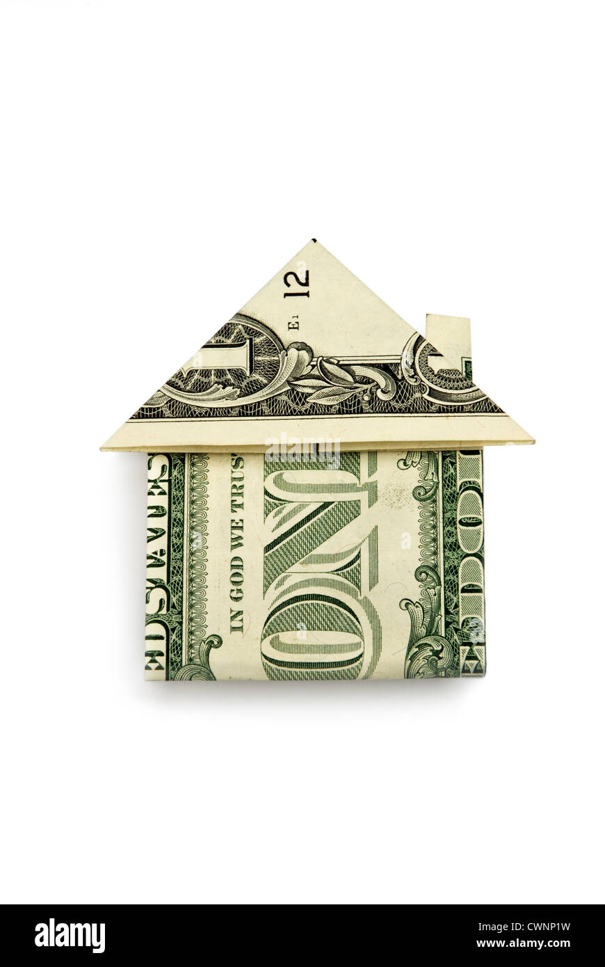 Casa piegato da un dollaro, isolata su 100% sfondo bianco Foto Stock