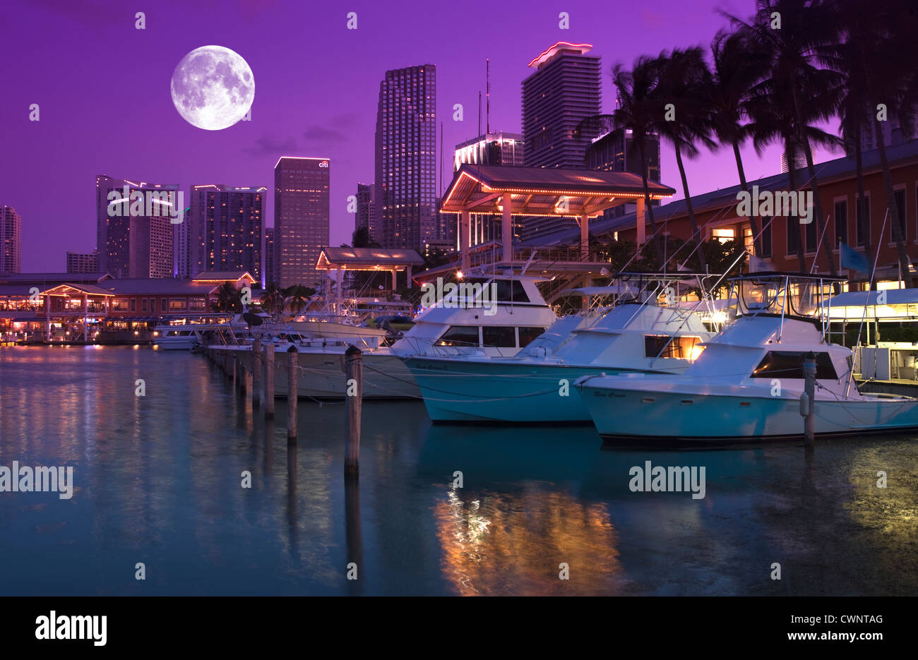 BAYSIDE MARKETPLACE MARINA skyline del centro di Miami, Florida, Stati Uniti d'America Foto Stock