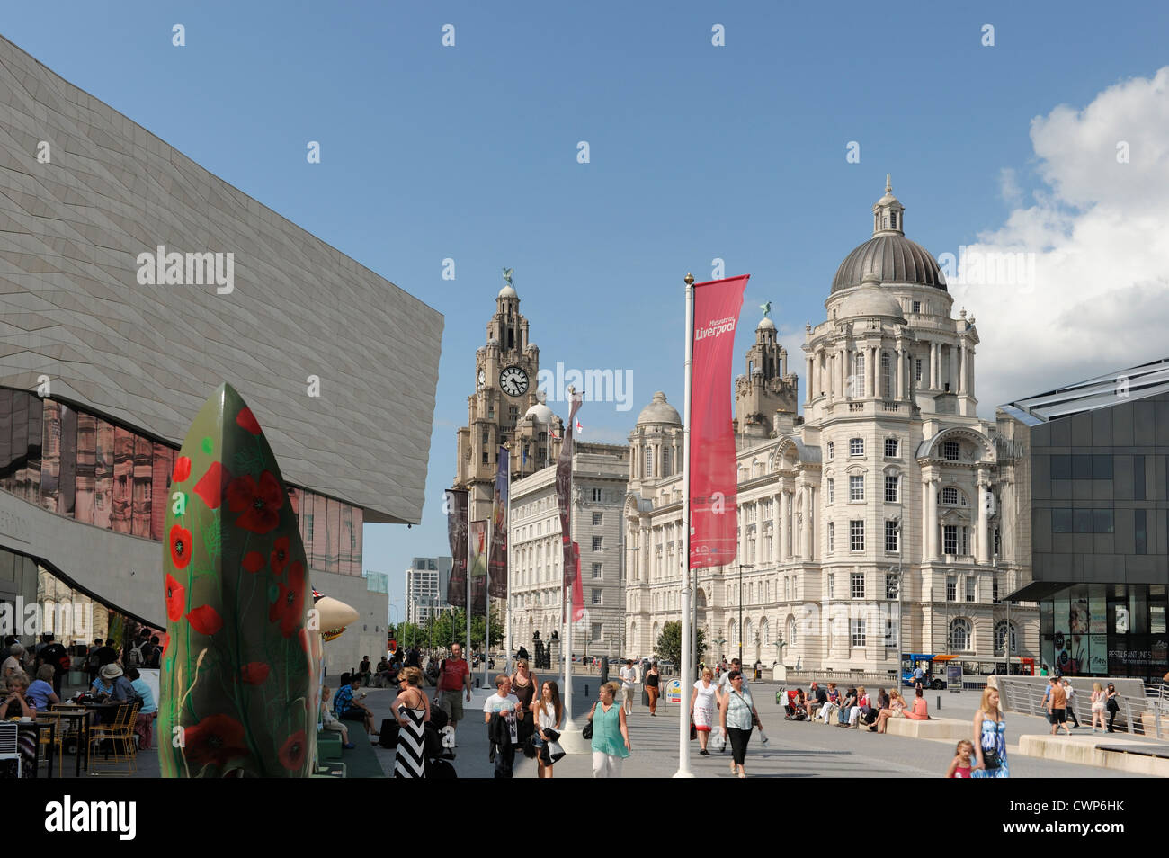 Pier Head, Museo di Liverpool e il Liver Building Liverpool Regno Unito Foto Stock