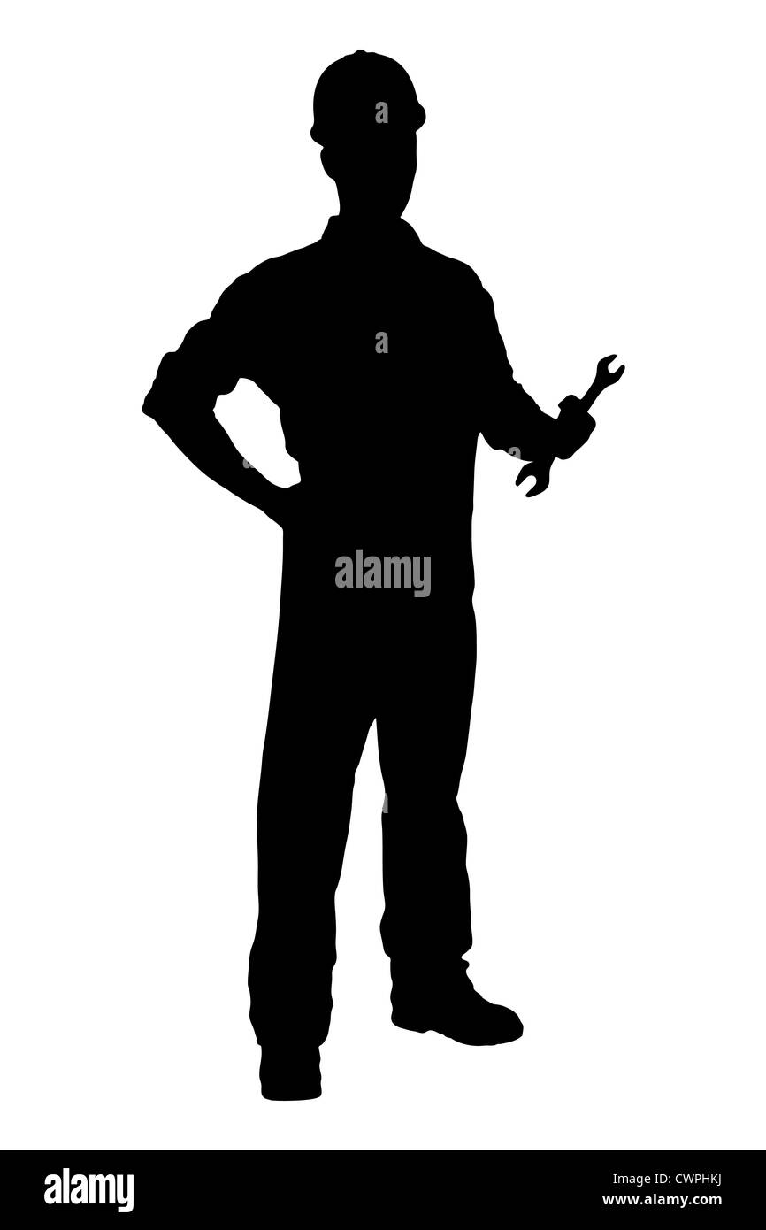 Una silhouette di un fiducioso e sorridente tuttofare tenere una chiave isolati su sfondo bianco Foto Stock