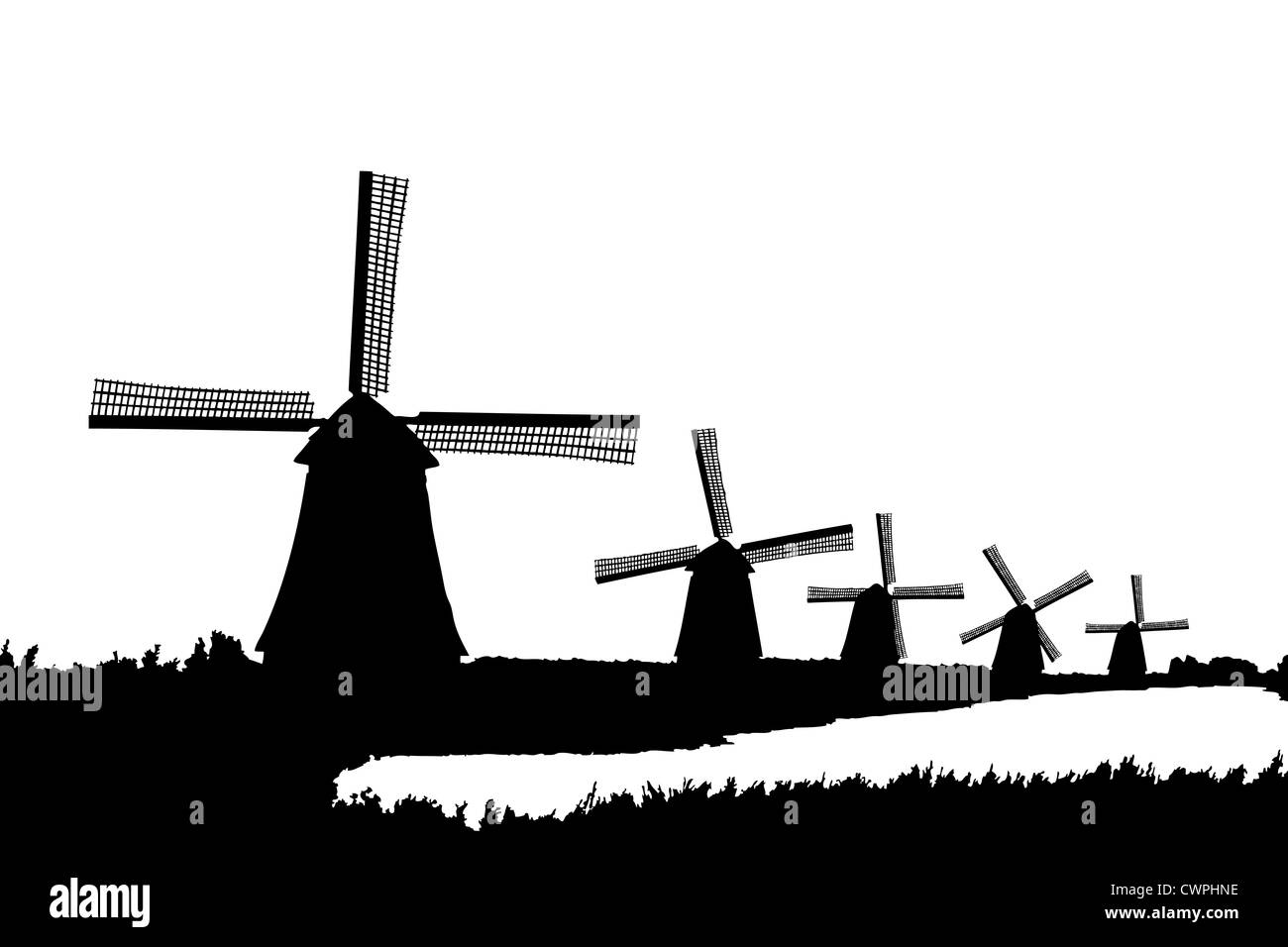 Una silhouette di mulini a vento di Kinderdijk, Olanda, isolati su sfondo bianco Foto Stock