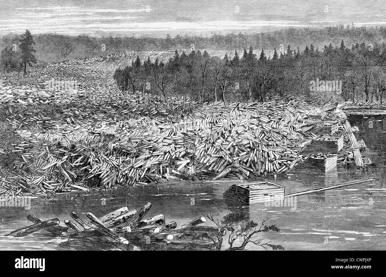 Freshets in Occidente - grande jam di registri a Chippewa Falls boom, Wisconsin, incisione su legno, circa 1869 Foto Stock Freshets in Occidente - grande jam di registri a Chippewa Falls boom, Wisconsin, incisione su legno, circa 1869 Foto Stock