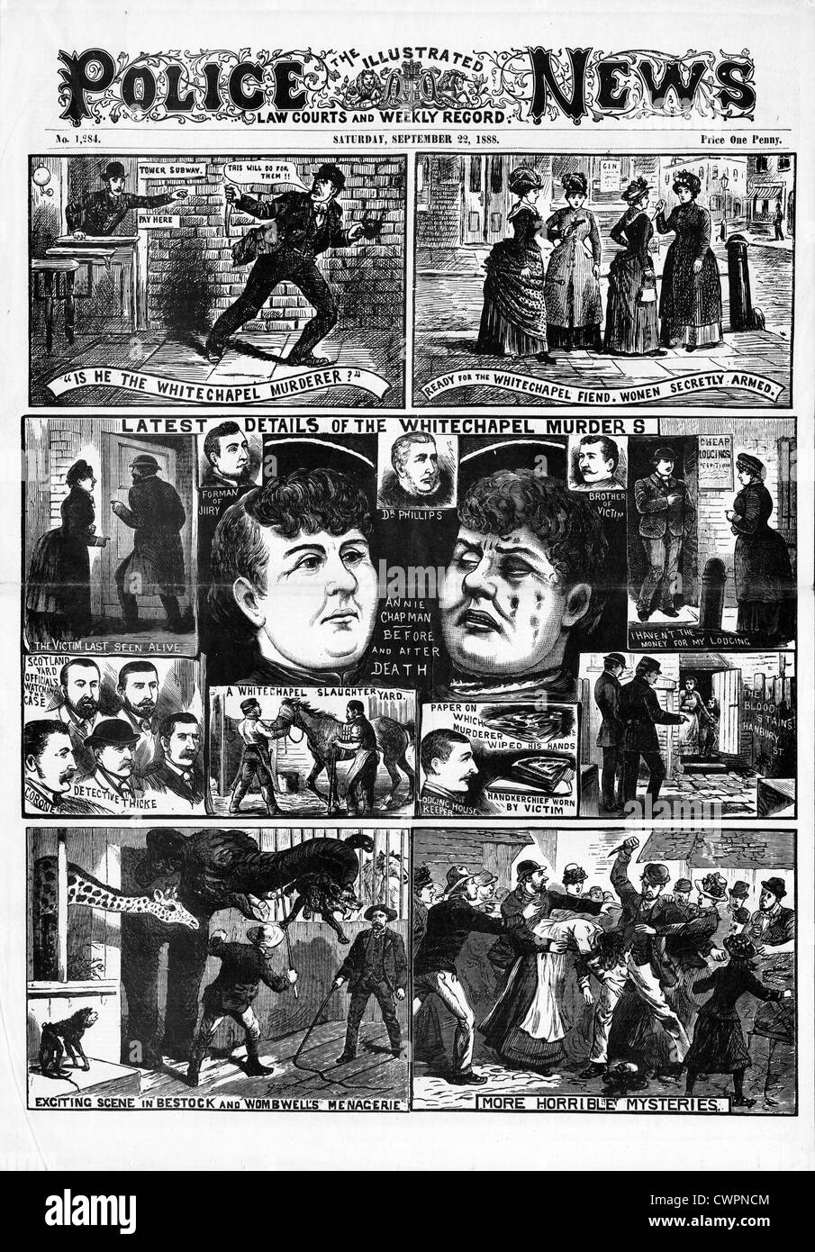 Jack The Ripper, Annie Chapman, la polizia News pagina anteriore segnalato la seconda vittima del Vittoriano serial killer in Whitechapel Foto Stock