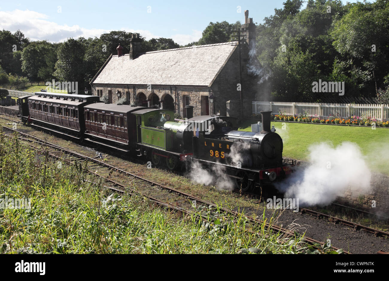 Doppia testa treno a vapore Rowley stazione museo Beamish, North East England, Regno Unito Foto Stock