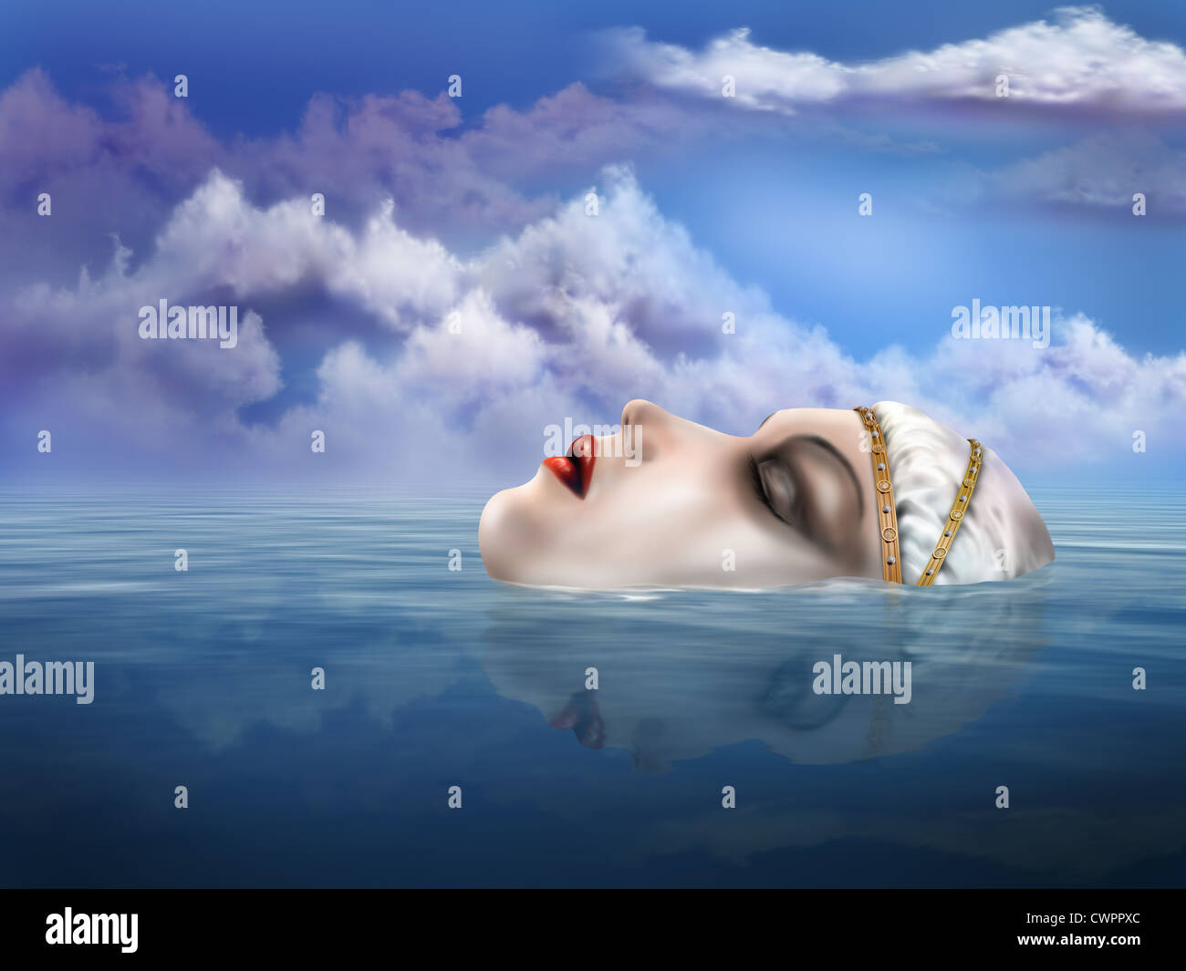 Illustrazione della leggendaria Donna del lago che appare da sotto l'acqua Foto Stock