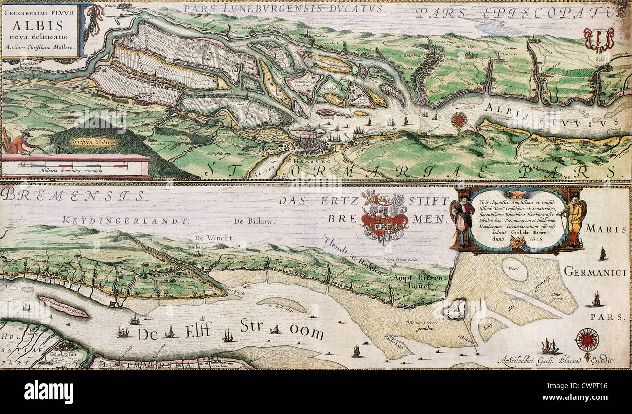 Mappa vecchia del fiume Elba e del porto di Amburgo Foto Stock