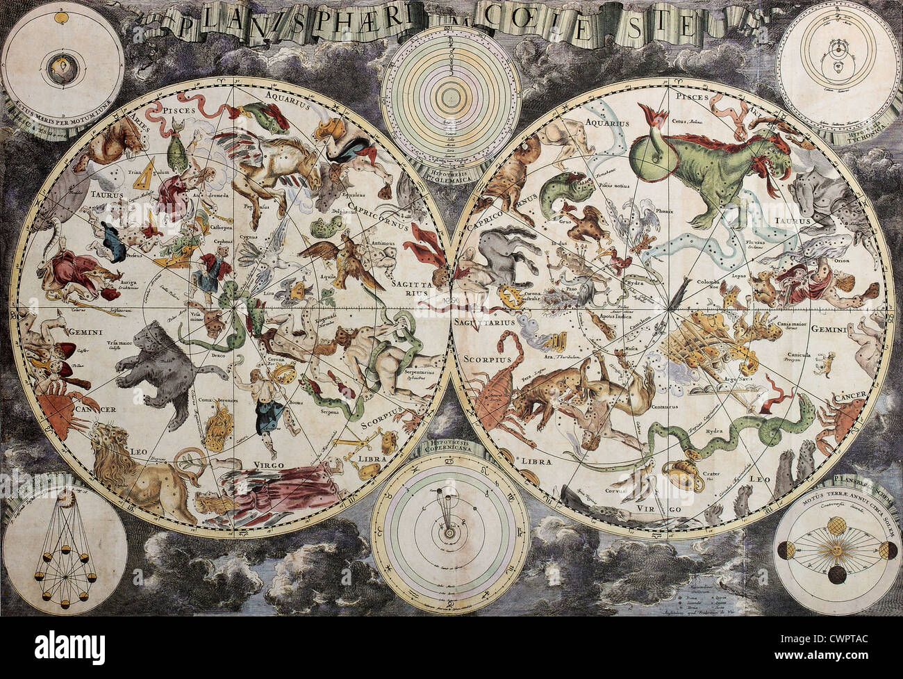 Boreale e australe emisferi mappa vecchia Foto Stock