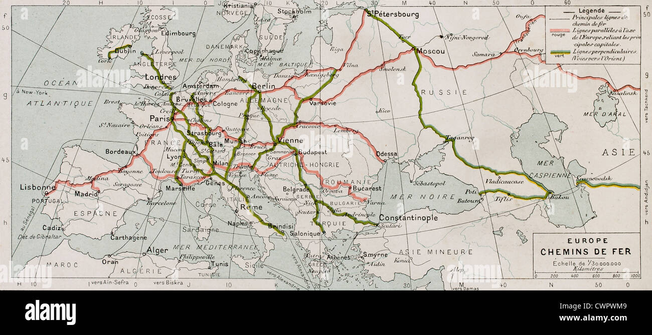 Europea delle ferrovie principali mappa vecchia Foto Stock