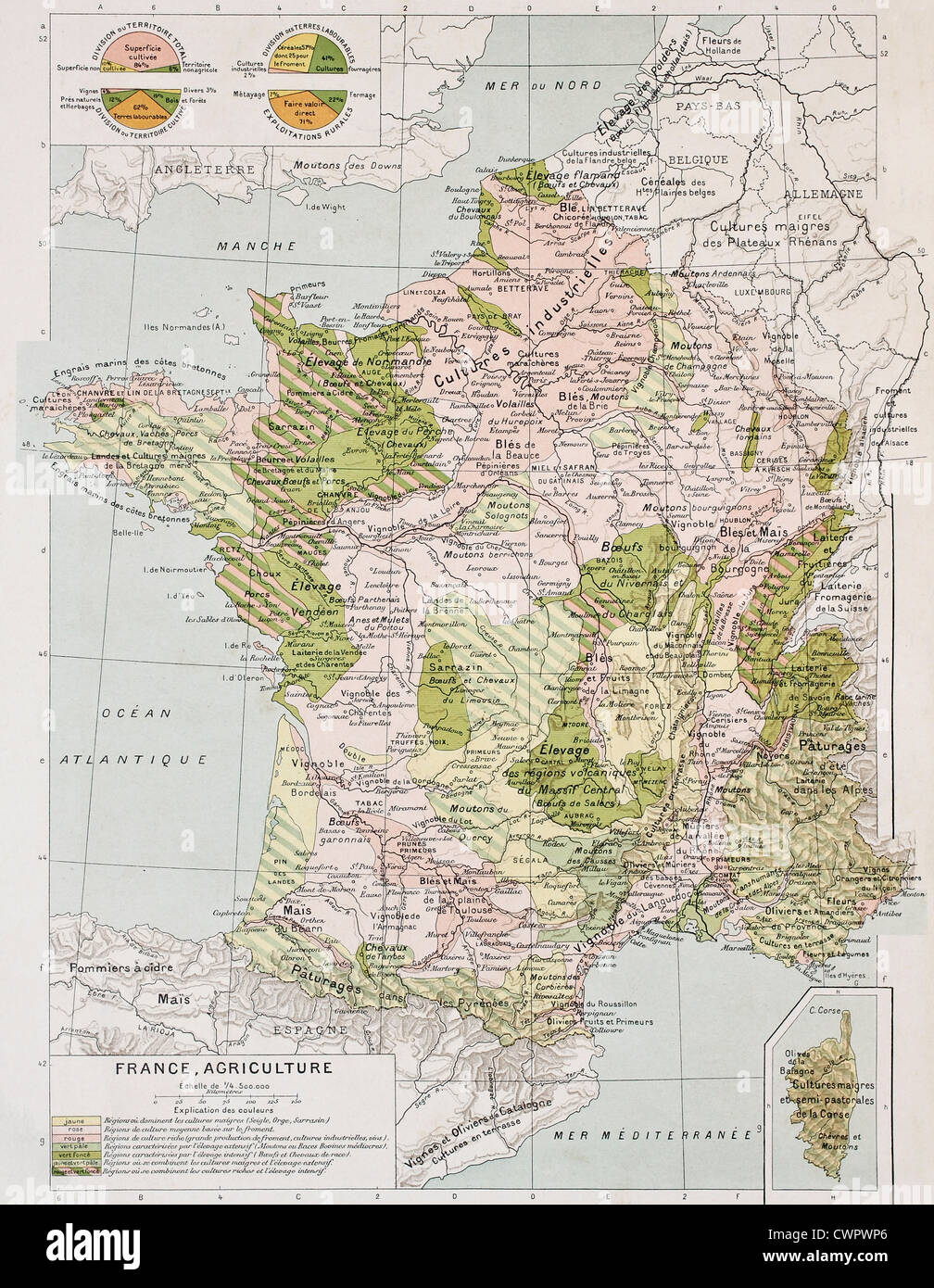Francia agricoltura mappa vecchia Foto Stock