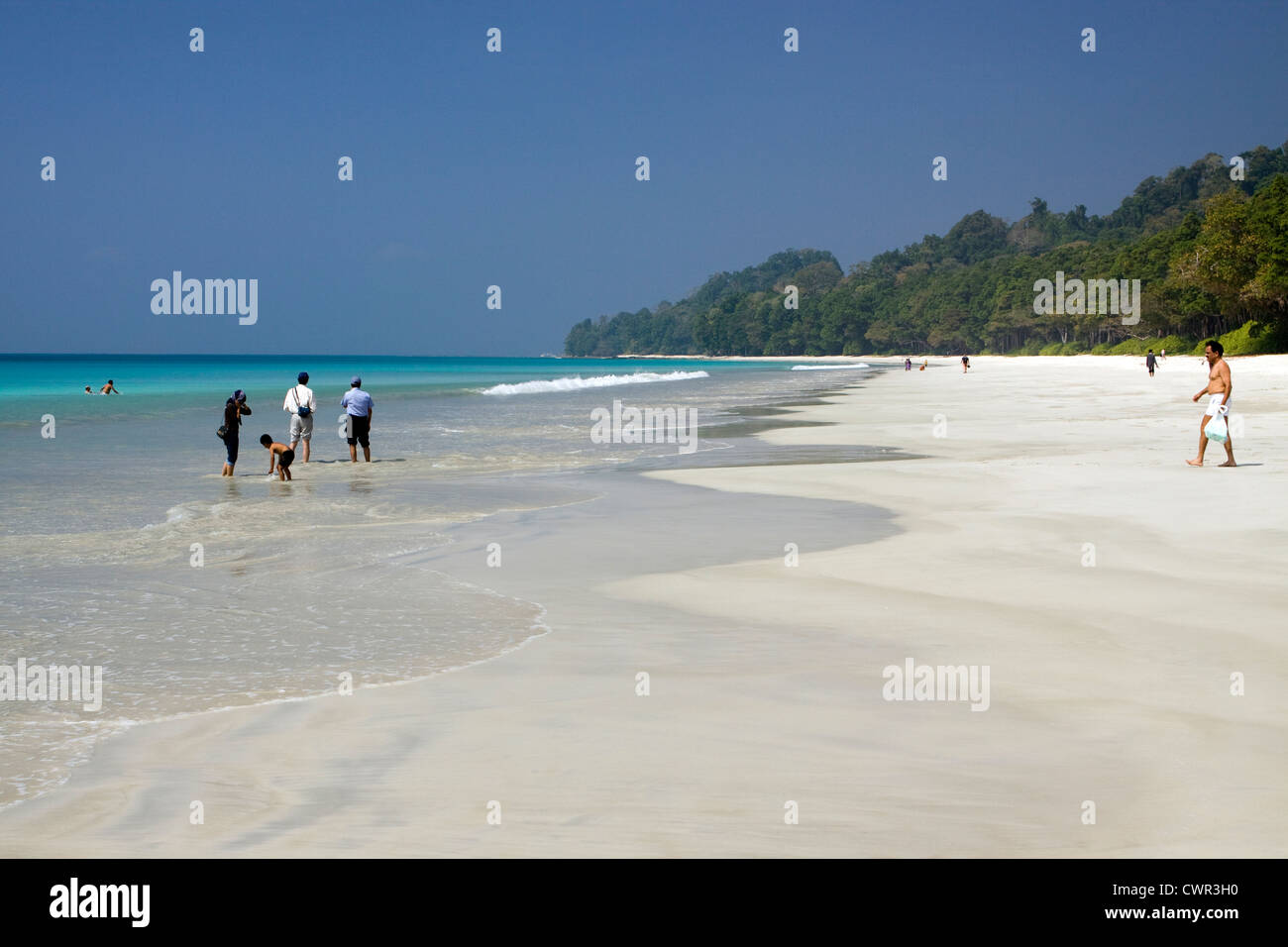 India Andamane e Nicobare, Havelock Island, Radha Nagar numero 7 spiaggia turisti indiani in mare Foto Stock