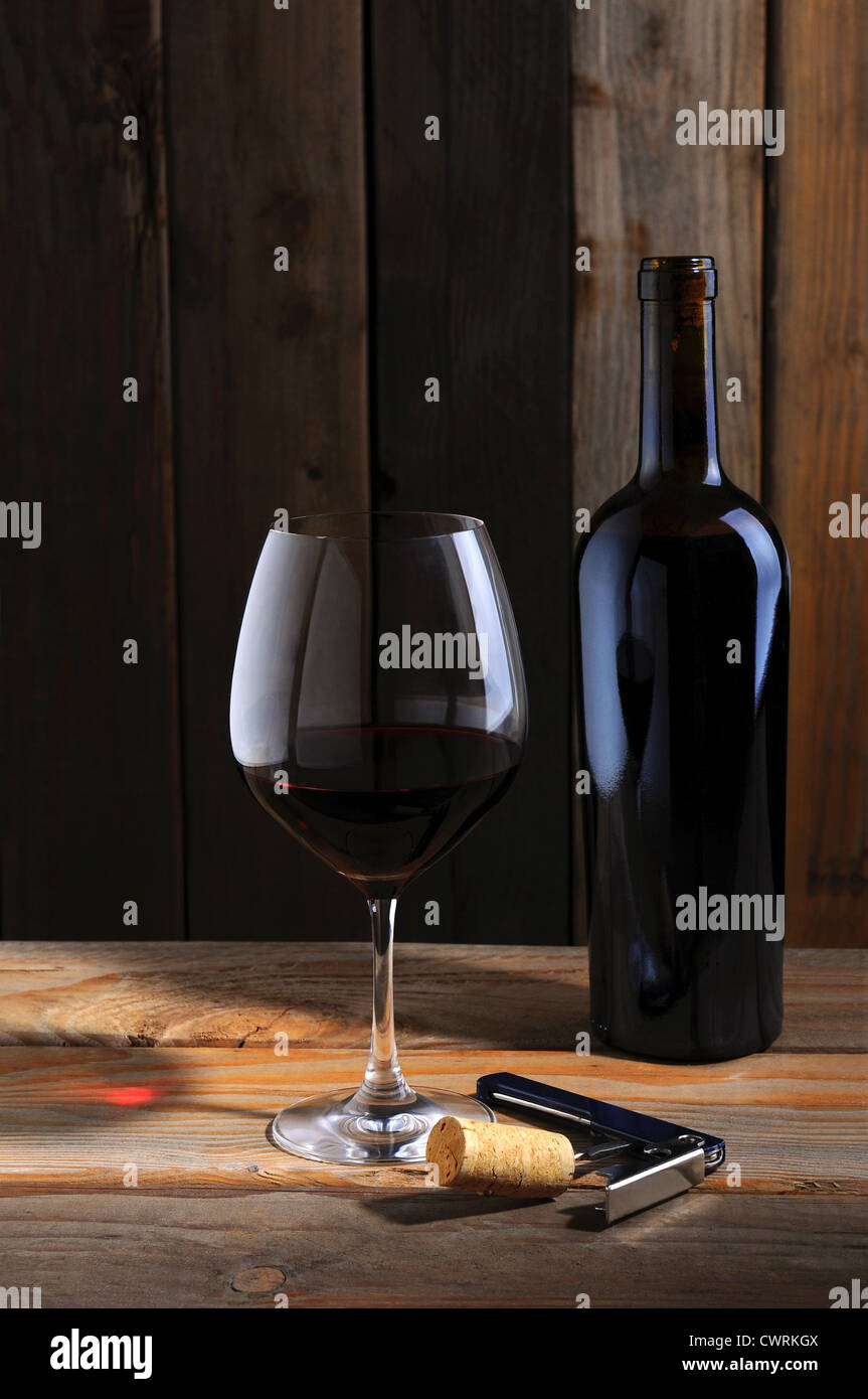 Una sola bottiglia di vino rosso e un bicchiere in una cantina vinicola impostazione. Foto Stock