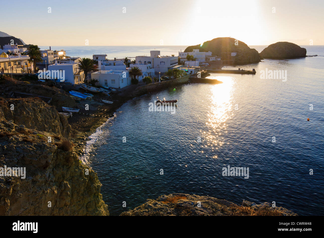 Alba a Isleta del Moro, Parco Naturale Cabo de Gata, Almeria, Andalusia, Spagna Foto Stock