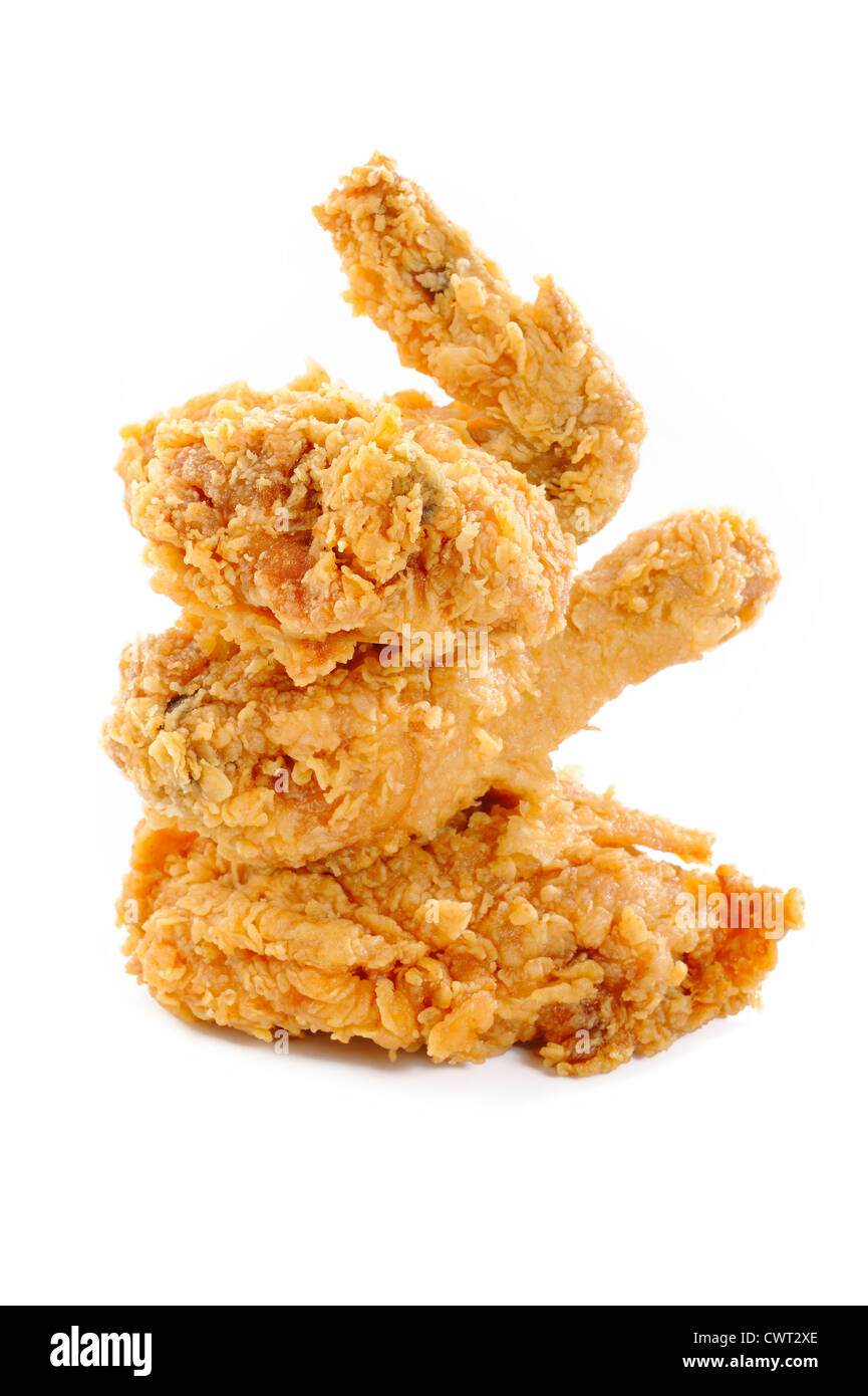Golden brown fritto di pollo su sfondo bianco Foto Stock
