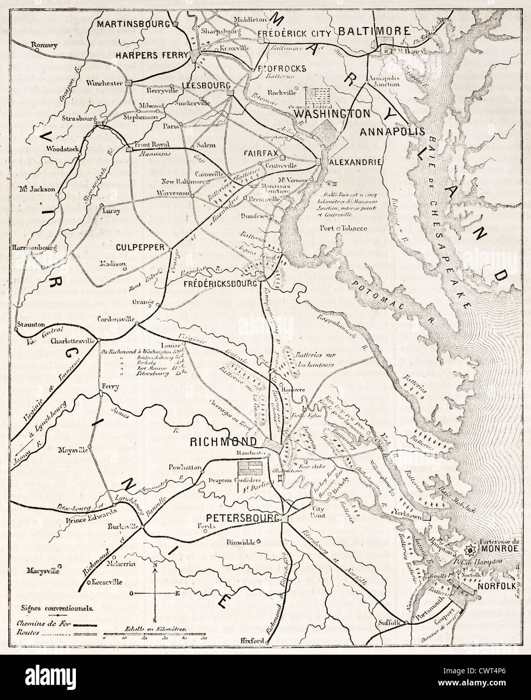 La guerra civile americana teatro mappa vecchia Foto Stock