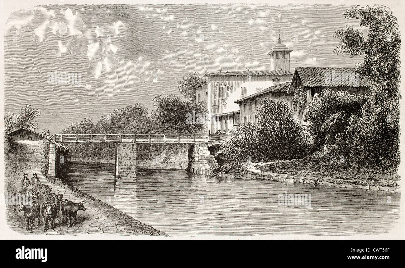 Magenta ponte vecchio illustrazione, Italia Foto Stock