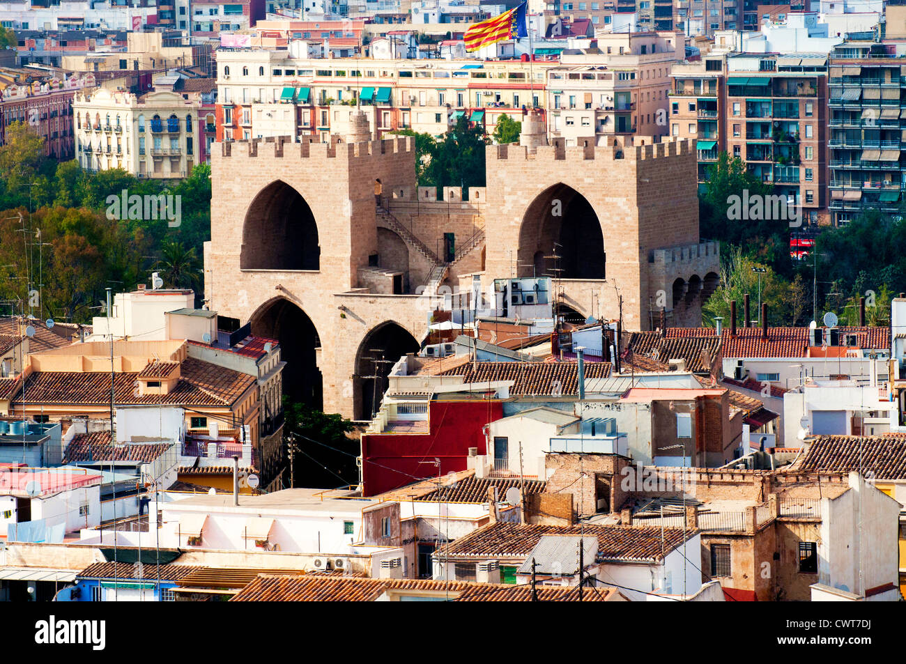 Vista del retro del Torres de Quart presi da el Miguelete, Valencia, Spagna Foto Stock