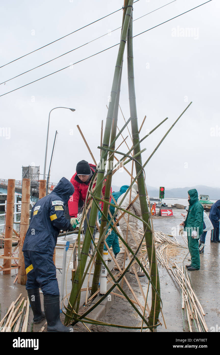 Onosaki, Ishinomaki, Giappone. Il villaggio di pescatori è stata completamente distrutta dal terremoto di tohoku e dallo tsunami. Foto Stock