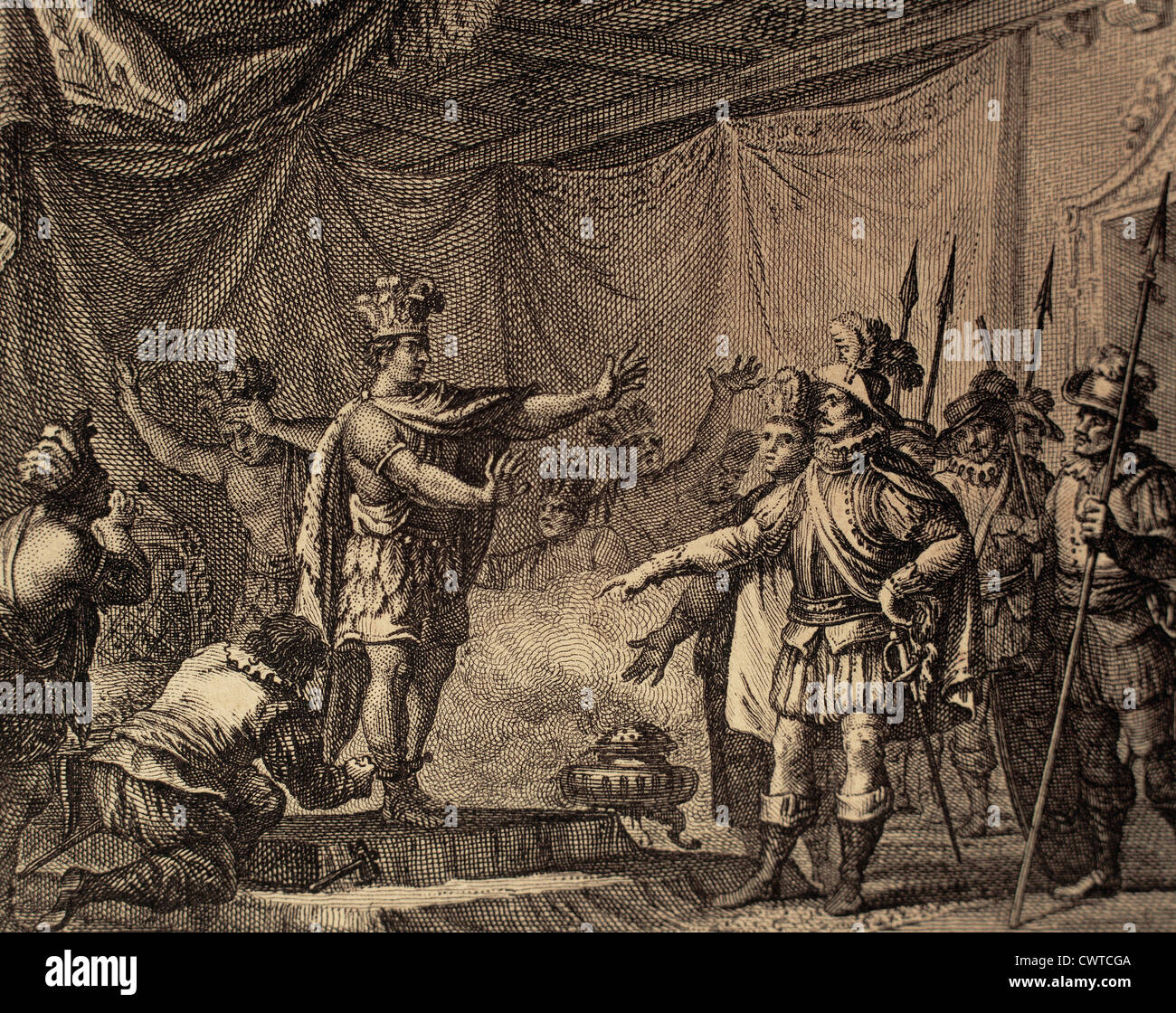 Per punire il tradimento di eroe azteco Cuauhpopoca, Cortes ha preso prigioniero Moctezuma II. Incisione, 1807. Foto Stock