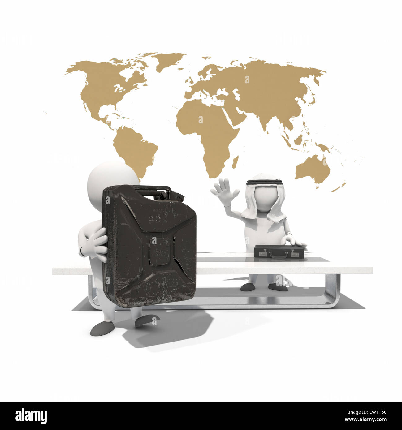 Due figure antropomorfe lo scambio di valigetta e il carburante può essere in parte anteriore della mappa del mondo, CGI Foto Stock
