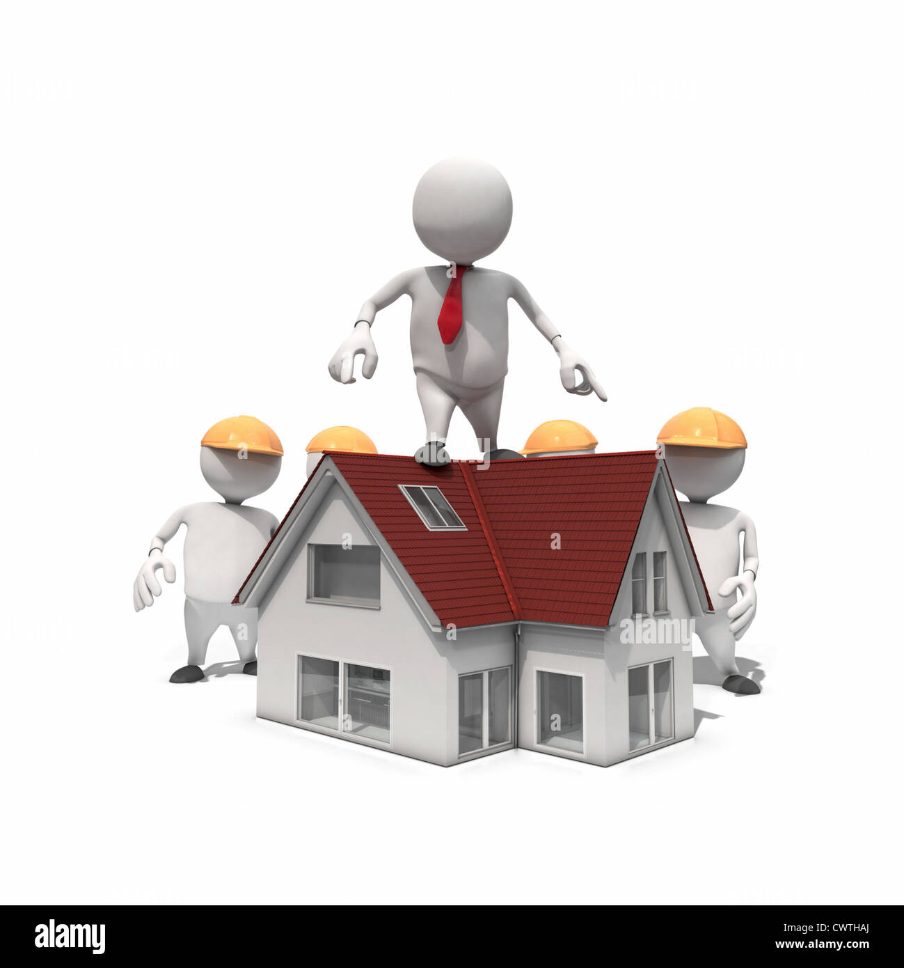 Imprenditore antropomorfe in piedi sul tetto di una casa nuova, CGI Foto Stock