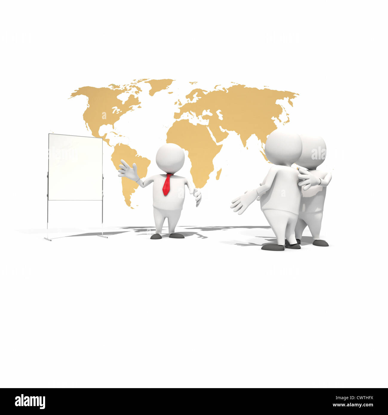 Imprenditore antropomorfo condurre una presentazione nella parte anteriore della mappa del mondo, CGI Foto Stock