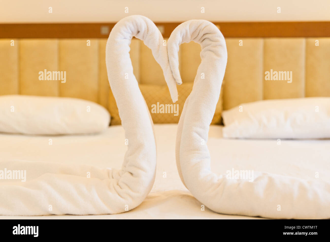 Un paio di finti swan fatta di asciugamano sul letto di hotel Foto Stock