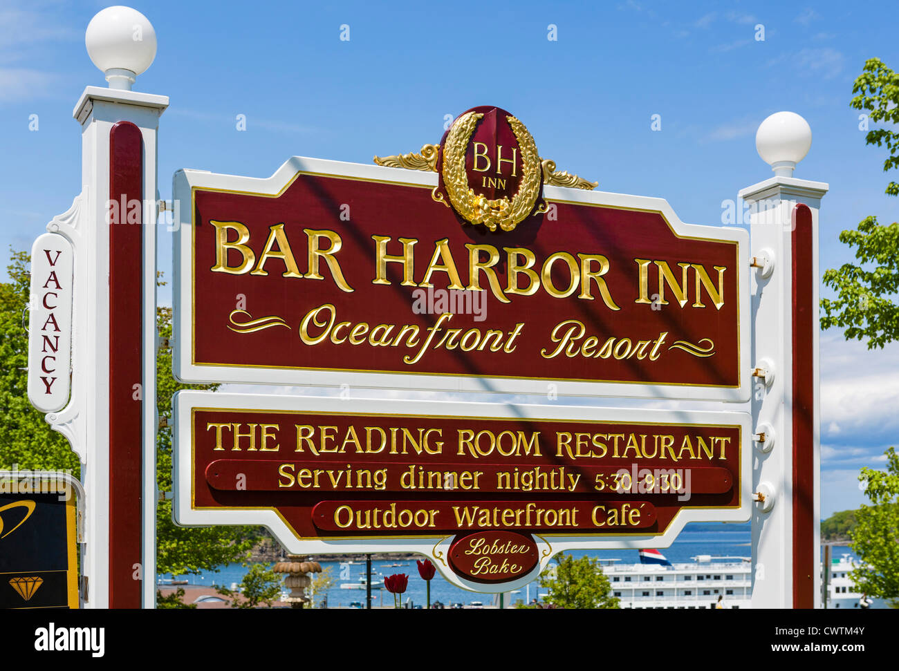 Segno per il Bar Harbor Inn, Bar Harbor, isola di Mount Desert, Maine, Stati Uniti d'America Foto Stock