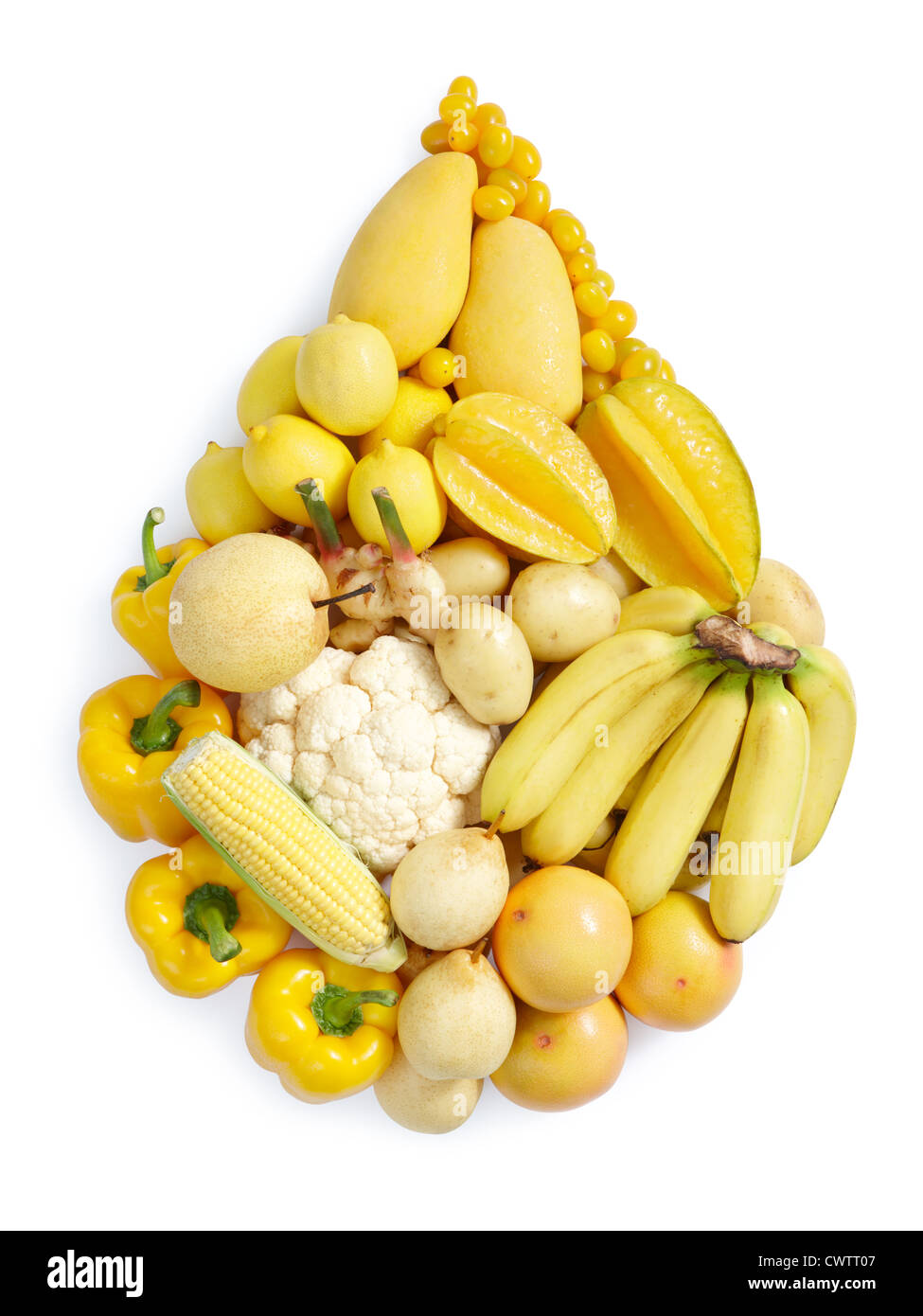Il colore giallo di frutta e verdura in acqua forma a goccia Foto Stock
