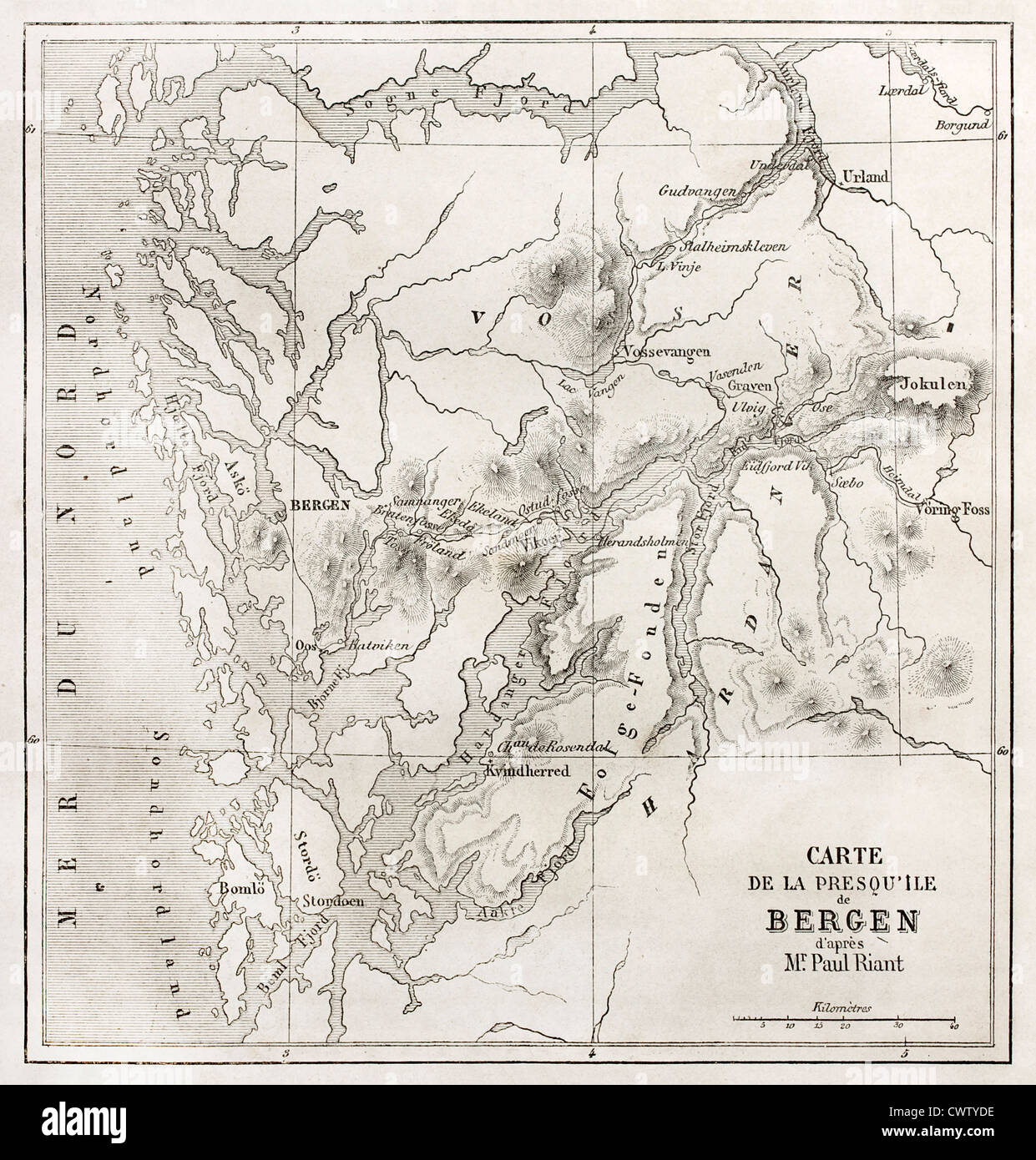 Bergen penisola old map Foto Stock